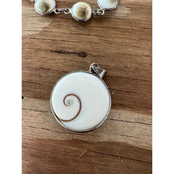 Sterling Silver Operculum Shiva Eye Shell Cats Eye Pendant Bracelet Set - Picture 3 of 4